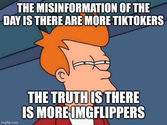 Futurama Fry Meme | THE MISINFORMATION OF THE DAY IS THERE ARE MORE TIKTOKERS; THE TRUTH IS THERE IS MORE IMGFLIPPERS | image tagged in memes,futurama fry | made w/ Imgflip meme maker