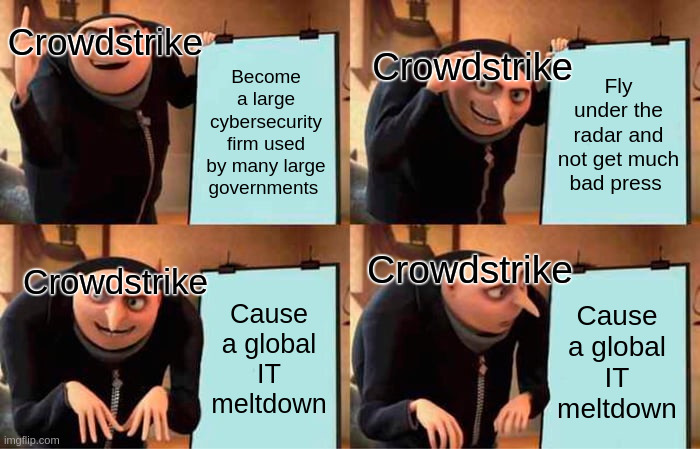 Crowdstrike | Crowdstrike; Crowdstrike; Become a large cybersecurity firm used by many large governments; Fly under the radar and not get much bad press; Crowdstrike; Crowdstrike; Cause a global IT meltdown; Cause a global IT meltdown | image tagged in memes,gru's plan | made w/ Imgflip meme maker