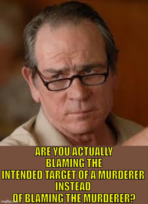 ARE YOU ACTUALLY BLAMING THE INTENDED TARGET OF A MURDERER 
INSTEAD 
OF BLAMING THE MURDERER? | image tagged in my face when someone asks a stupid question | made w/ Imgflip meme maker