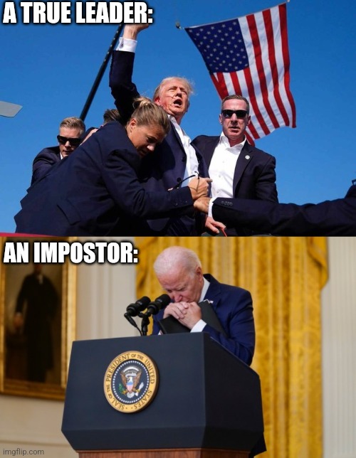 THE DIFFERENCE | A TRUE LEADER:; AN IMPOSTOR: | image tagged in trump shot,president trump,joe biden,politics | made w/ Imgflip meme maker