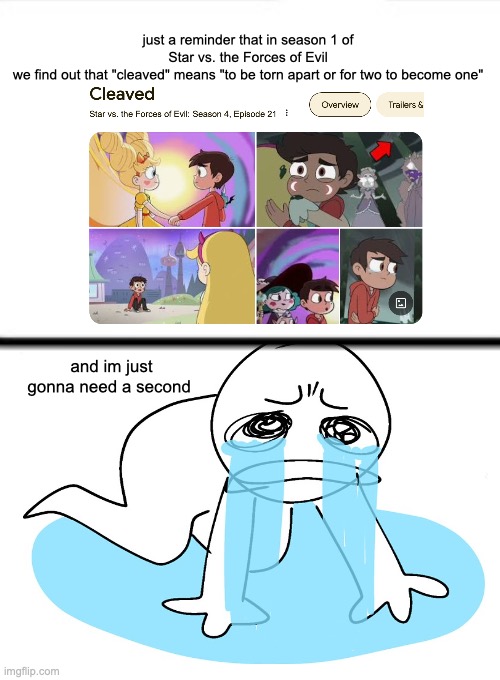 *sobbing* | just a reminder that in season 1 of 
Star vs. the Forces of Evil 
we find out that "cleaved" means "to be torn apart or for two to become one"; and im just gonna need a second | image tagged in star vs the forces of evil,disney why | made w/ Imgflip meme maker