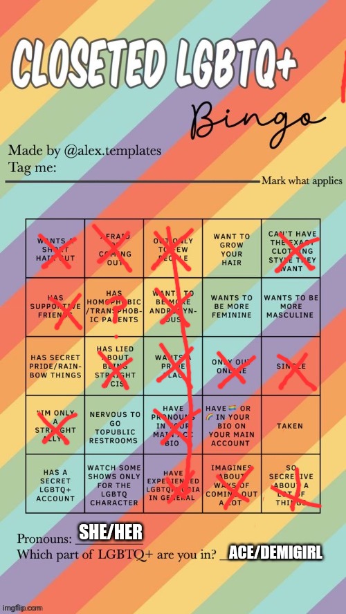 Hi | SHE/HER; ACE/DEMIGIRL | image tagged in closeted lgbtq bingo | made w/ Imgflip meme maker