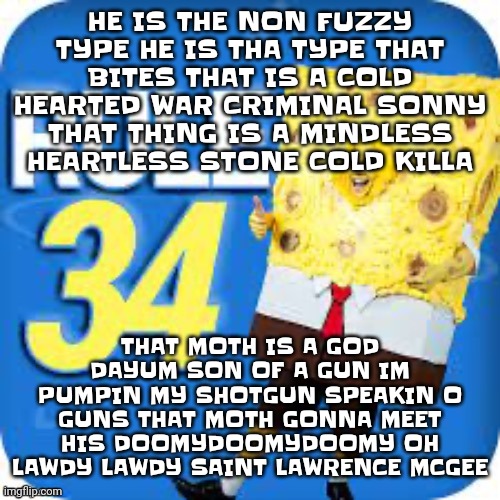 ITS IN THE WALLS I HEAR IT IN MAH VEINS SONNYWUNNY | HE IS THE NON FUZZY TYPE HE IS THA TYPE THAT BITES THAT IS A COLD HEARTED WAR CRIMINAL SONNY THAT THING IS A MINDLESS HEARTLESS STONE COLD KILLA; THAT MOTH IS A GOD DAYUM SON OF A GUN IM PUMPIN MY SHOTGUN SPEAKIN O GUNS THAT MOTH GONNA MEET HIS DOOMYDOOMYDOOMY OH LAWDY LAWDY SAINT LAWRENCE MCGEE | image tagged in spob | made w/ Imgflip meme maker