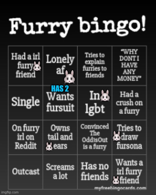 Furry bingo (no bingo) | 🐰; 🐰; HAS 2; 🐰; 🐰; 🐰; 🐰 | image tagged in furry bingo,bingo,furry | made w/ Imgflip meme maker