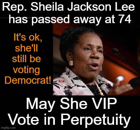 RIP | Rep. Sheila Jackson Lee 
has passed away at 74; It's ok,
she'll 
still be 
voting 
Democrat! May She VIP
Vote in Perpetuity | image tagged in sheila jackson lee,died,democrat,rip,vip,political humor | made w/ Imgflip meme maker