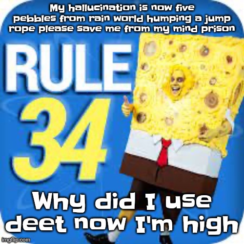 Why | My hallucination is now five pebbles from rain world humping a jump rope please save me from my mind prison; Why did I use deet now I'm high | image tagged in spob | made w/ Imgflip meme maker