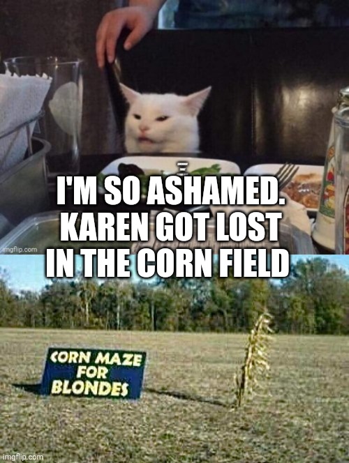 I'M SO ASHAMED. KAREN GOT LOST IN THE CORN FIELD | image tagged in smudge that darn cat | made w/ Imgflip meme maker