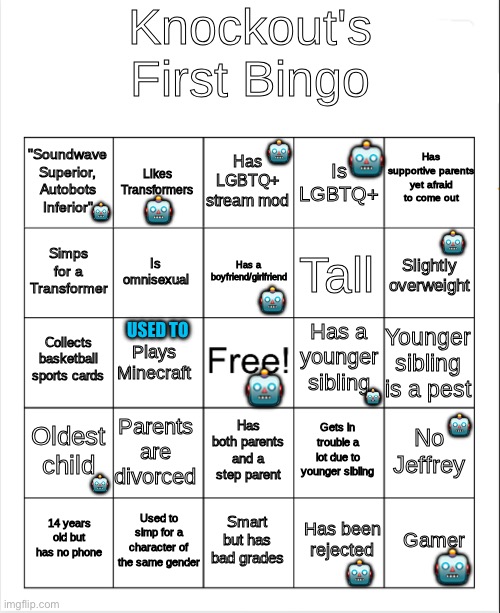 Knockout’s bingo (no bingo) | 🤖; 🤖; 🤖; 🤖; 🤖; 🤖; USED TO; 🤖; 🤖; 🤖; 🤖; 🤖; 🤖 | image tagged in knockout's bingo,bingo,lgbtq,gamer,video games,transformers | made w/ Imgflip meme maker