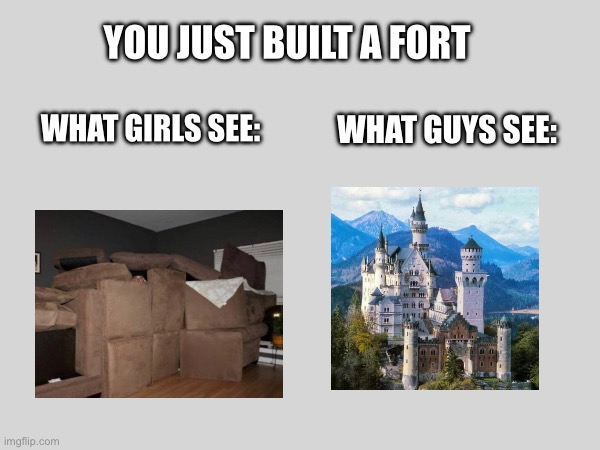 GvB Fort POVs | YOU JUST BUILT A FORT; WHAT GUYS SEE:; WHAT GIRLS SEE: | image tagged in girls vs boys,funny memes | made w/ Imgflip meme maker