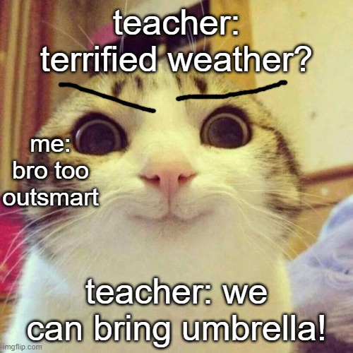 Smiling Cat | teacher: terrified weather? me: bro too outsmart; teacher: we can bring umbrella! | image tagged in memes,smiling cat | made w/ Imgflip meme maker