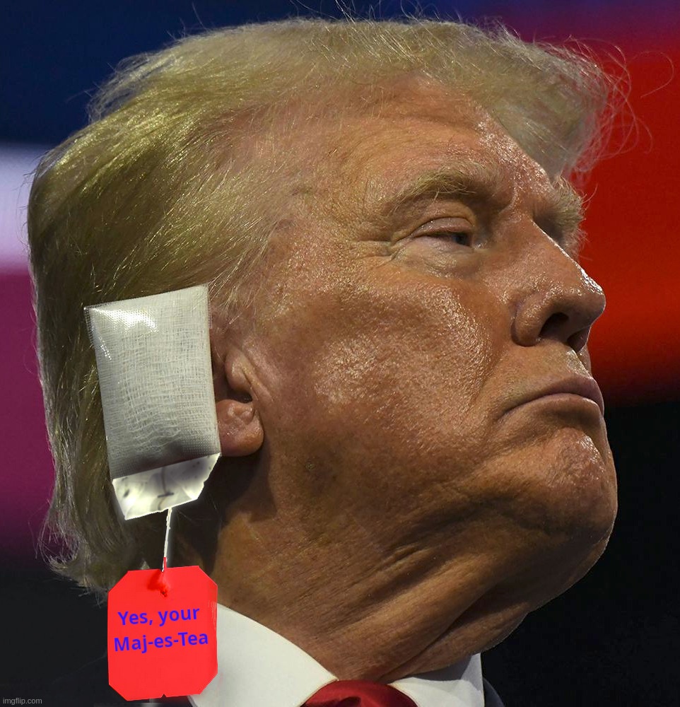 T-Bag Trump | image tagged in trump,ear,bandage,tea,king,majesty | made w/ Imgflip meme maker