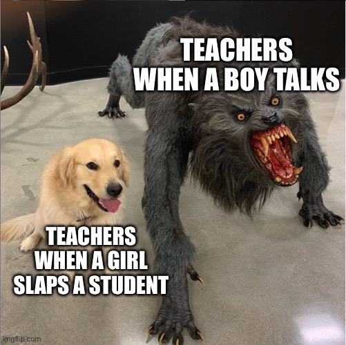 dog vs werewolf | TEACHERS WHEN A BOY TALKS; TEACHERS WHEN A GIRL SLAPS A STUDENT | image tagged in dog vs werewolf | made w/ Imgflip meme maker