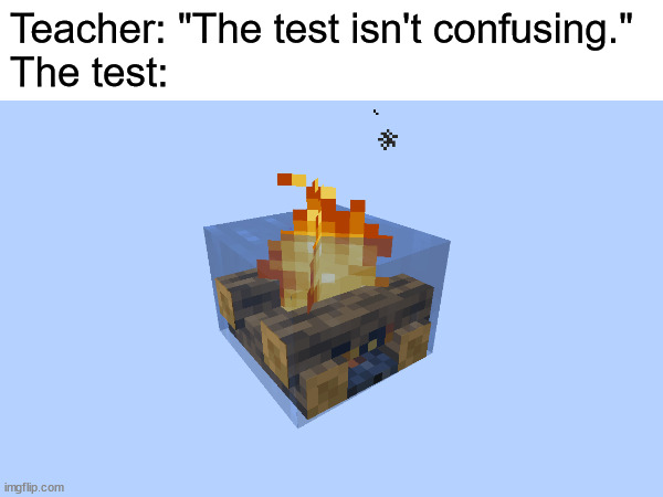 Insert title here | Teacher: "The test isn't confusing."
The test: | image tagged in minecraft,minecraft memes,campfire,water | made w/ Imgflip meme maker