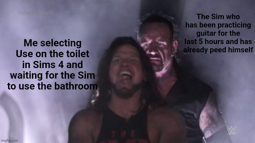 AJ Styles & Undertaker | The Sim who has been practicing guitar for the last 5 hours and has already peed himself; Me selecting Use on the toilet in Sims 4 and waiting for the Sim to use the bathroom | image tagged in aj styles undertaker | made w/ Imgflip meme maker