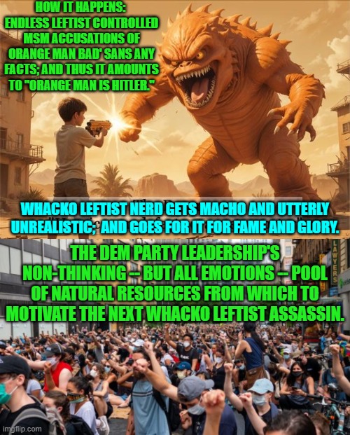 A never ending -- but self-sustaining -- and ever renewing pool. | HOW IT HAPPENS:  ENDLESS LEFTIST CONTROLLED MSM ACCUSATIONS OF ORANGE MAN BAD' SANS ANY FACTS; AND THUS IT AMOUNTS TO "ORANGE MAN IS HITLER."; WHACKO LEFTIST NERD GETS MACHO AND UTTERLY UNREALISTIC;  AND GOES FOR IT FOR FAME AND GLORY. THE DEM PARTY LEADERSHIP'S NON-THINKING -- BUT ALL EMOTIONS -- POOL OF NATURAL RESOURCES FROM WHICH TO MOTIVATE THE NEXT WHACKO LEFTIST ASSASSIN. | image tagged in fauci covid hail mary pass meme | made w/ Imgflip meme maker