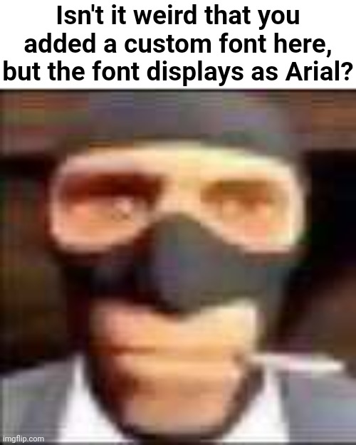 I got the Futura font but it displays as arial | Isn't it weird that you added a custom font here, but the font displays as Arial? | made w/ Imgflip meme maker