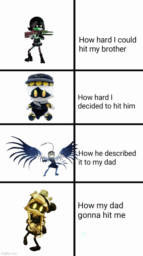 The plushie it’s because a plushie it’s soft and can barely hurt if it hits you | image tagged in how hard i could hit my brother,n,uzi,cyn,murder drones | made w/ Imgflip meme maker