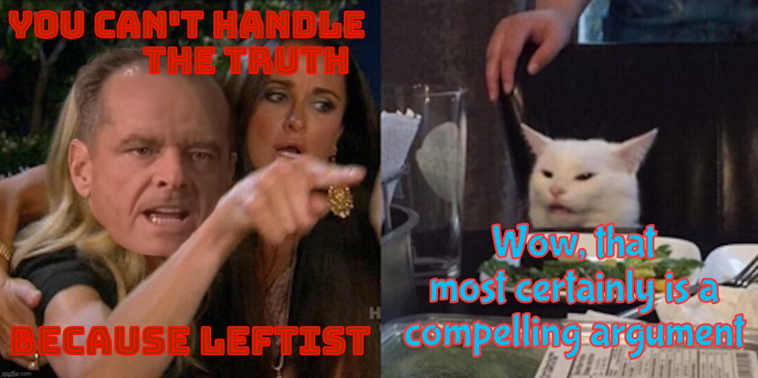 Standard MAGAtronic 'rebuttal' | YOU CAN'T HANDLE
               THE TRUTH; Wow, that
most certainly is a compelling argument; BECAUSE LEFTIST | image tagged in you can't handle the cat,you can't handle the truth,woman yelling at cat,magat debate 101,no substance,derp | made w/ Imgflip meme maker
