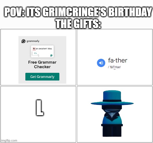 Blank Comic Panel 2x2 Meme | POV: ITS GRIMCRINGE'S BIRTHDAY
THE GIFTS:; L | image tagged in memes,blank comic panel 2x2 | made w/ Imgflip meme maker