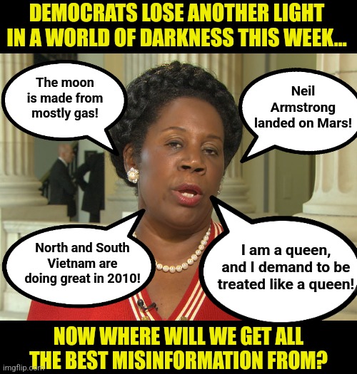 Sheila Jackson Lee has gone to that big gassy rock in the sky. And is another example of mental health and democrats? | DEMOCRATS LOSE ANOTHER LIGHT IN A WORLD OF DARKNESS THIS WEEK... Neil Armstrong landed on Mars! The moon is made from mostly gas! I am a queen, and I demand to be treated like a queen! North and South Vietnam are doing great in 2010! NOW WHERE WILL WE GET ALL THE BEST MISINFORMATION FROM? | image tagged in sheila jackson lee,democratic party,dumb people,texas,lost in space,i diagnose you with dead | made w/ Imgflip meme maker