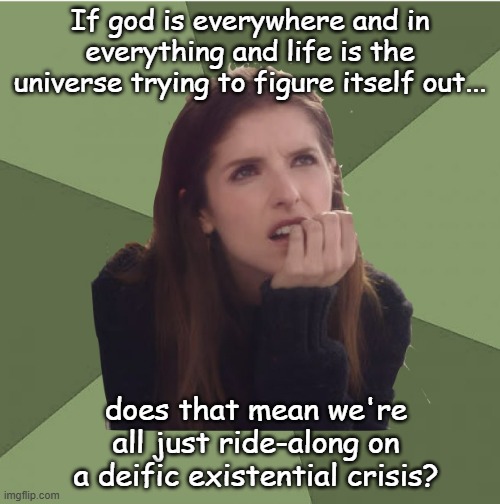 Philosophanna | If god is everywhere and in everything and life is the universe trying to figure itself out... does that mean we're all just ride-along on a deific existential crisis? | image tagged in philosophanna | made w/ Imgflip meme maker