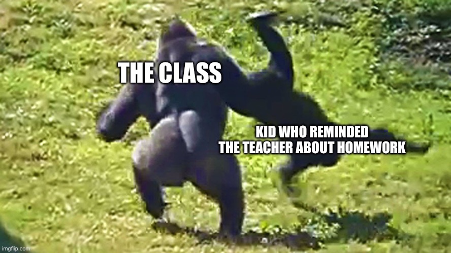 Gorilla flipping gorilla | THE CLASS; KID WHO REMINDED THE TEACHER ABOUT HOMEWORK | image tagged in gorilla flipping gorilla | made w/ Imgflip meme maker