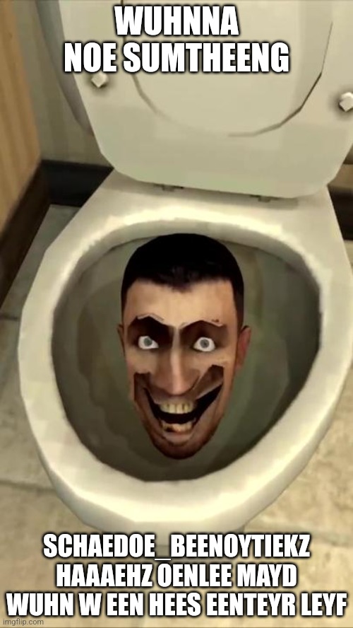 Skibidi toilet | WUHNNA NOE SUMTHEENG; SCHAEDOE_BEENOYTIEKZ HAAAEHZ OENLEE MAYD WUHN W EEN HEES EENTEYR LEYF | image tagged in skibidi toilet | made w/ Imgflip meme maker