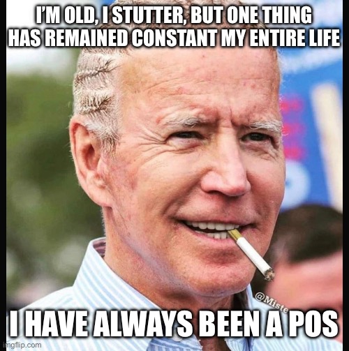 Joe Biden | I’M OLD, I STUTTER, BUT ONE THING HAS REMAINED CONSTANT MY ENTIRE LIFE; I HAVE ALWAYS BEEN A POS | image tagged in joe biden | made w/ Imgflip meme maker