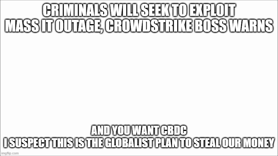 White board | CRIMINALS WILL SEEK TO EXPLOIT MASS IT OUTAGE, CROWDSTRIKE BOSS WARNS; AND YOU WANT CBDC
I SUSPECT THIS IS THE GLOBALIST PLAN TO STEAL OUR MONEY | image tagged in white board | made w/ Imgflip meme maker