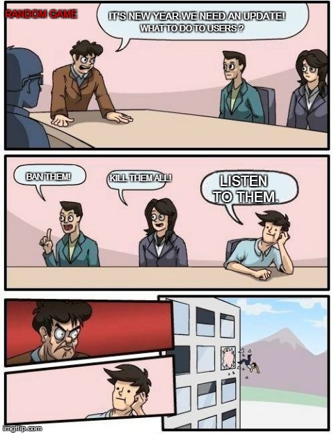 What should we do to our users ??It's just a random game | RANDOM GAME IT'S NEW YEAR.WE NEED AN UPDATE! BAN THEM! KILL THEM ALL! LISTEN TO THEM. WHAT TO DO TO USERS ? | image tagged in memes,boardroom meeting suggestion | made w/ Imgflip meme maker