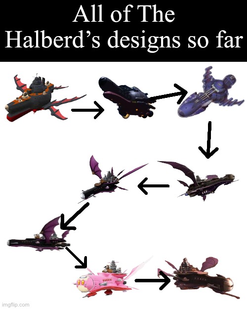 All of halberd’s designs (the Kirby one it’s to fight a boss) | All of The Halberd’s designs so far | image tagged in kirby,meta knight,the halberd | made w/ Imgflip meme maker