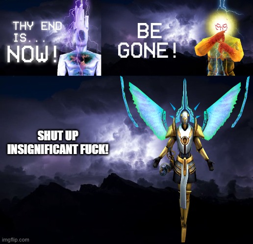 SHUT UP INSIGNIFICANT FUCK! | image tagged in thy end is now,be gone,ltg lightning | made w/ Imgflip meme maker