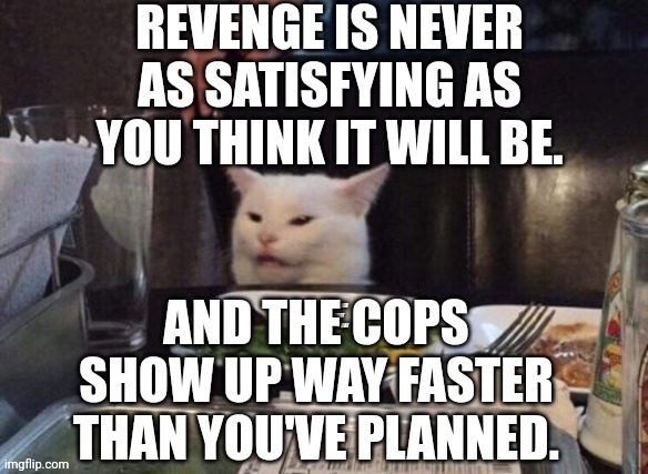 Smudge that darn cat | REVENGE IS NEVER AS SATISFYING AS YOU THINK IT WILL BE. AND THE COPS SHOW UP WAY FASTER THAN YOU'VE PLANNED. | image tagged in smudge that darn cat | made w/ Imgflip meme maker