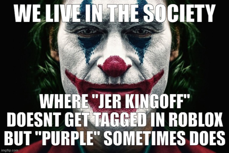We Live In A Society | WE LIVE IN THE SOCIETY; WHERE "JER KINGOFF" DOESNT GET TAGGED IN ROBLOX BUT "PURPLE" SOMETIMES DOES | image tagged in we live in a society | made w/ Imgflip meme maker