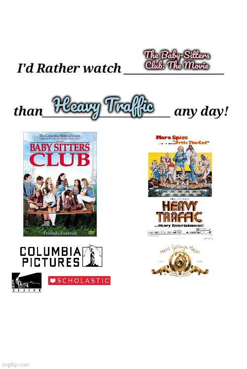 IRWTBSCTMTHTAD! | The Baby-Sitters Club: The Movie; Heavy Traffic | image tagged in i'd rather watch x than y any day,movie,sony,literature,girl,girls | made w/ Imgflip meme maker