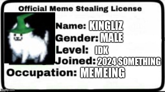 Meme Stealing License | KINGLIZ MALE IDK 2024 SOMETHING MEMEING | image tagged in meme stealing license | made w/ Imgflip meme maker