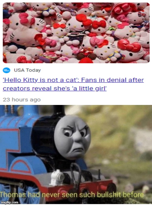 But she's a...I just...why? | image tagged in thomas has never seen such bullshit before,memes,funny,news,hello kitty,why are you like this | made w/ Imgflip meme maker