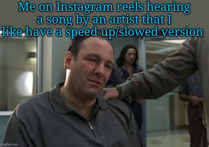 I think I will only post Sopranos memes for a while because its the only thing I watch nowadays | Me on Instagram reels hearing a song by an artist that I like have a speed up/slowed version | made w/ Imgflip meme maker