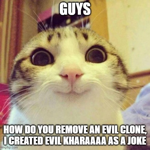 Smiling Cat Meme | GUYS; HOW DO YOU REMOVE AN EVIL CLONE, I CREATED EVIL KHARAAAA AS A JOKE | image tagged in memes,smiling cat | made w/ Imgflip meme maker