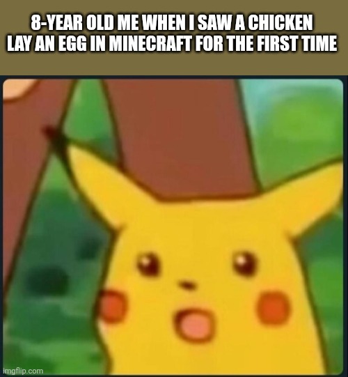 Surprised Pikachu | 8-YEAR OLD ME WHEN I SAW A CHICKEN LAY AN EGG IN MINECRAFT FOR THE FIRST TIME | image tagged in surprised pikachu | made w/ Imgflip meme maker