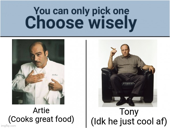 you can pick only one choose wisely | Artie
(Cooks great food); Tony
(Idk he just cool af) | image tagged in you can pick only one choose wisely | made w/ Imgflip meme maker