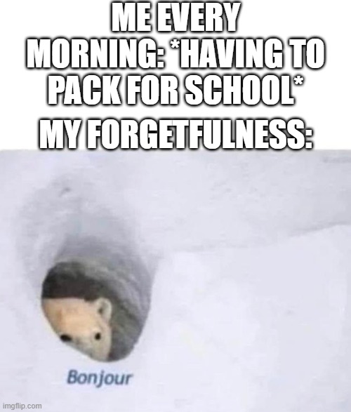 Oh shit man i forgot to bring the book... AGAIN! | ME EVERY MORNING: *HAVING TO PACK FOR SCHOOL*; MY FORGETFULNESS: | image tagged in bonjour,forgetful,school,funny,memes,dank memes | made w/ Imgflip meme maker