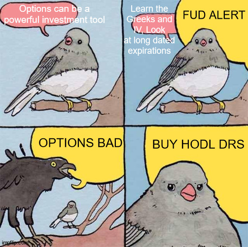 Annoying Crow | FUD ALERT; Learn the Greeks and IV, Look at long dated expirations; Options can be a powerful investment tool; OPTIONS BAD; BUY HODL DRS | image tagged in annoying crow | made w/ Imgflip meme maker