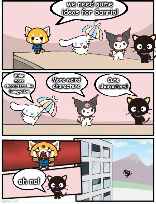 Sanrio boardroom | we need some ideas for Sanrio! Make more characters like hangyodon; More weird characters; Cute characters! oh no! | image tagged in empty boardroom meeting suggestion | made w/ Imgflip meme maker