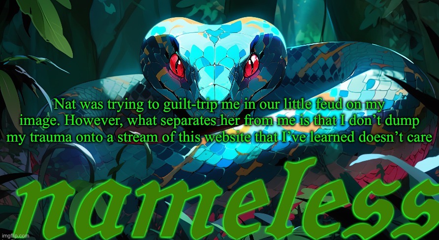 I have definitely trauma dumped before, but I keep it to Memechat and the LGBTQ stream. There’s a reason why I don’t post here o | Nat was trying to guilt-trip me in our little feud on my image. However, what separates her from me is that I don’t dump my trauma onto a stream of this website that I’ve learned doesn’t care | image tagged in nameless announcement template | made w/ Imgflip meme maker