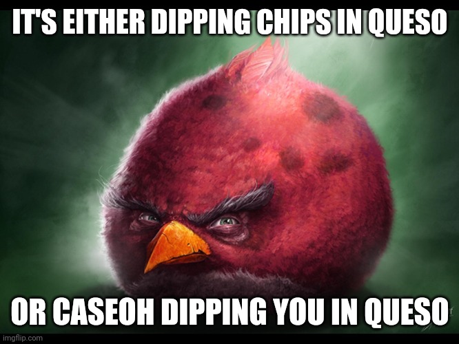 caseoh queso | IT'S EITHER DIPPING CHIPS IN QUESO; OR CASEOH DIPPING YOU IN QUESO | image tagged in realistic angry bird big red | made w/ Imgflip meme maker