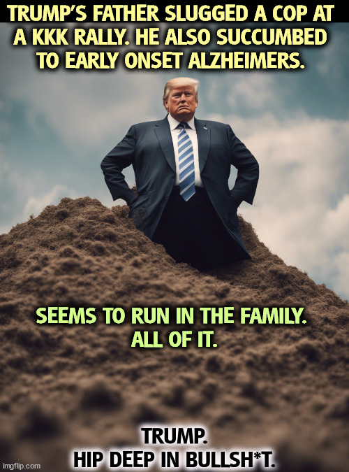 TRUMP'S FATHER SLUGGED A COP AT 
A KKK RALLY. HE ALSO SUCCUMBED 
TO EARLY ONSET ALZHEIMERS. SEEMS TO RUN IN THE FAMILY. 
ALL OF IT. TRUMP.
HIP DEEP IN BULLSH*T. | image tagged in trump,mental illness,brain dead,alzheimers,kkk | made w/ Imgflip meme maker