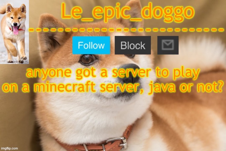 epic doggo's temp back in old fashion | anyone got a server to play on a minecraft server, java or not? | image tagged in epic doggo's temp back in old fashion | made w/ Imgflip meme maker