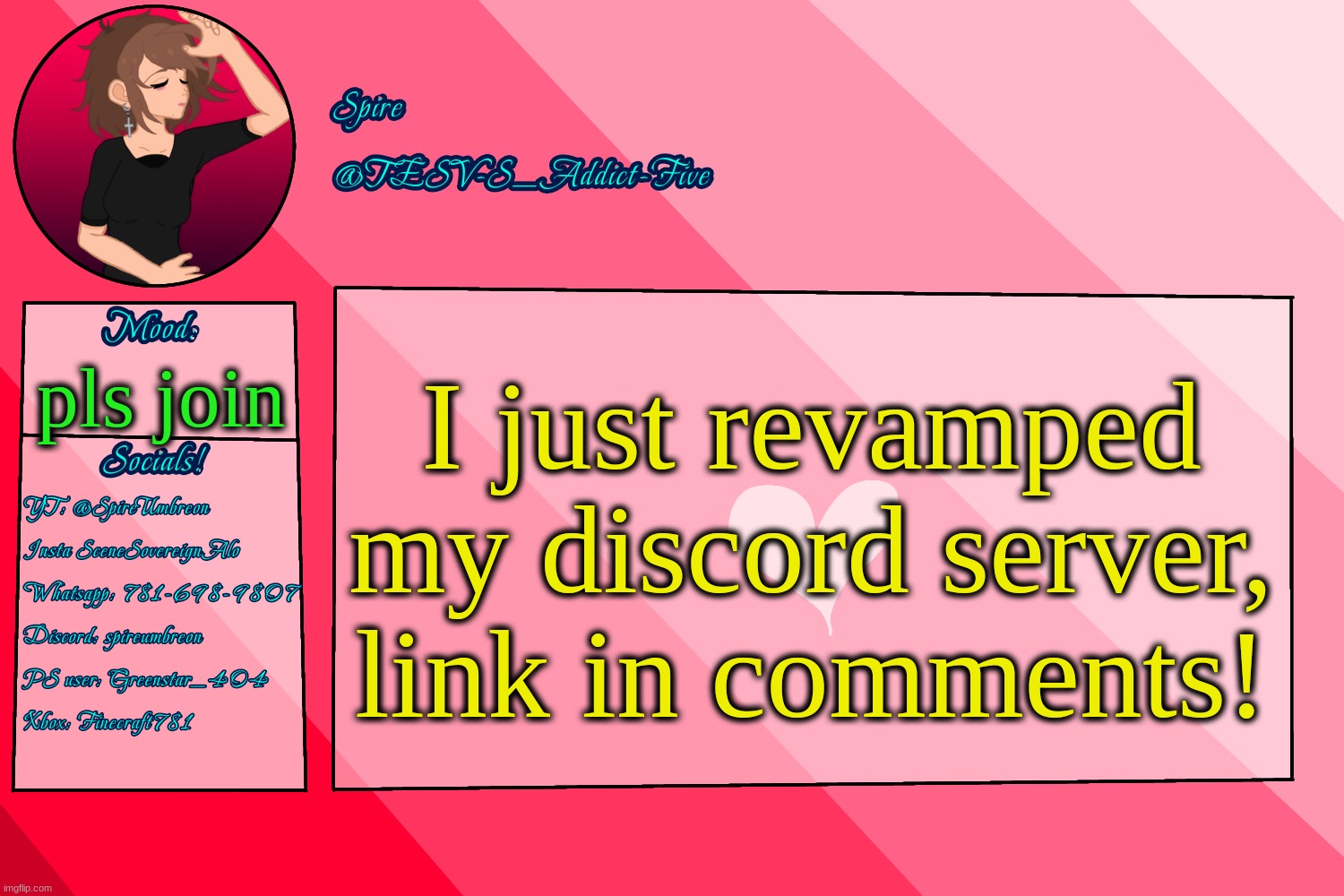 :> | I just revamped my discord server, link in comments! pls join | image tagged in tesv-s_addict-five announcement template | made w/ Imgflip meme maker