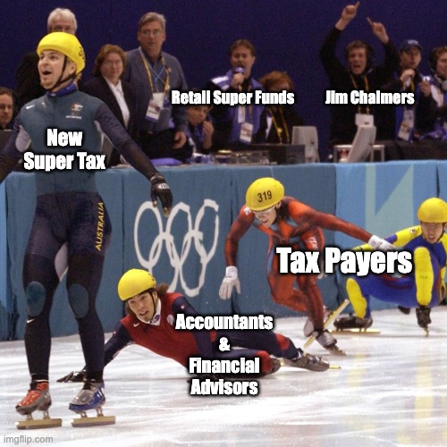 Steven Bradbury | Retail Super Funds           Jim Chalmers; New Super Tax; Tax Payers; Accountants & Financial Advisors | image tagged in steven bradbury | made w/ Imgflip meme maker